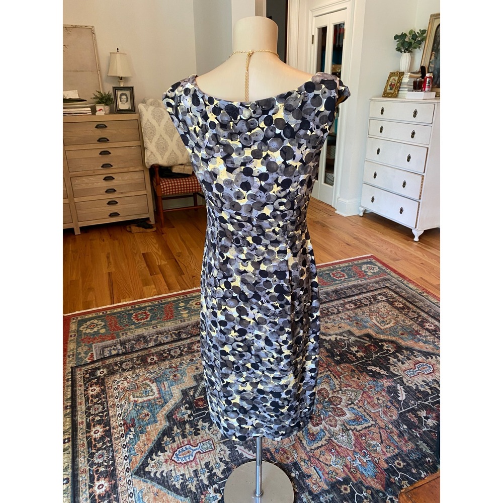 Connected Apparel Grey Yellow Abstract Print Faux Wrap Sheath Dress Size 8 - Picture 3 of 10